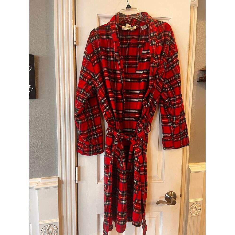 Vtg LL Bean Flannel Plaid Robe House Lounge Cotton Red Scotch Old Tag Made USA